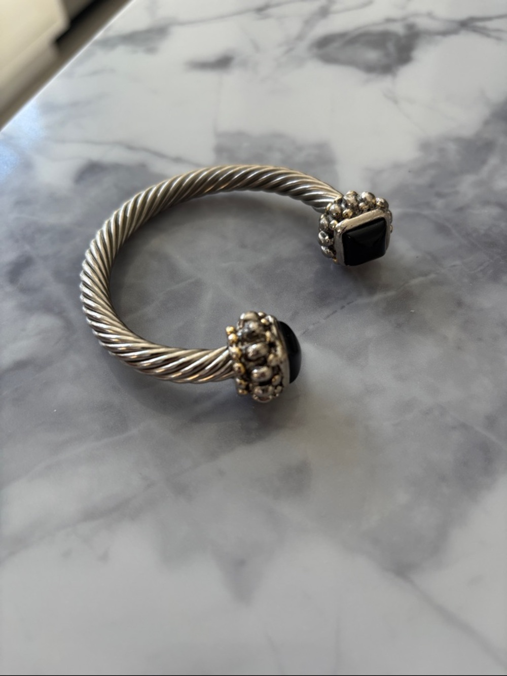 Sterling-Style Twisted Cable Open Cuff Bracelet with Black Stone Ends